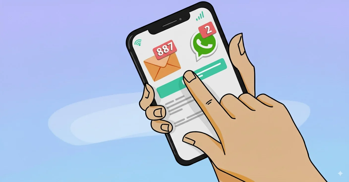 Illustration of a hand holding a phone with WhatsApp and email notification icons