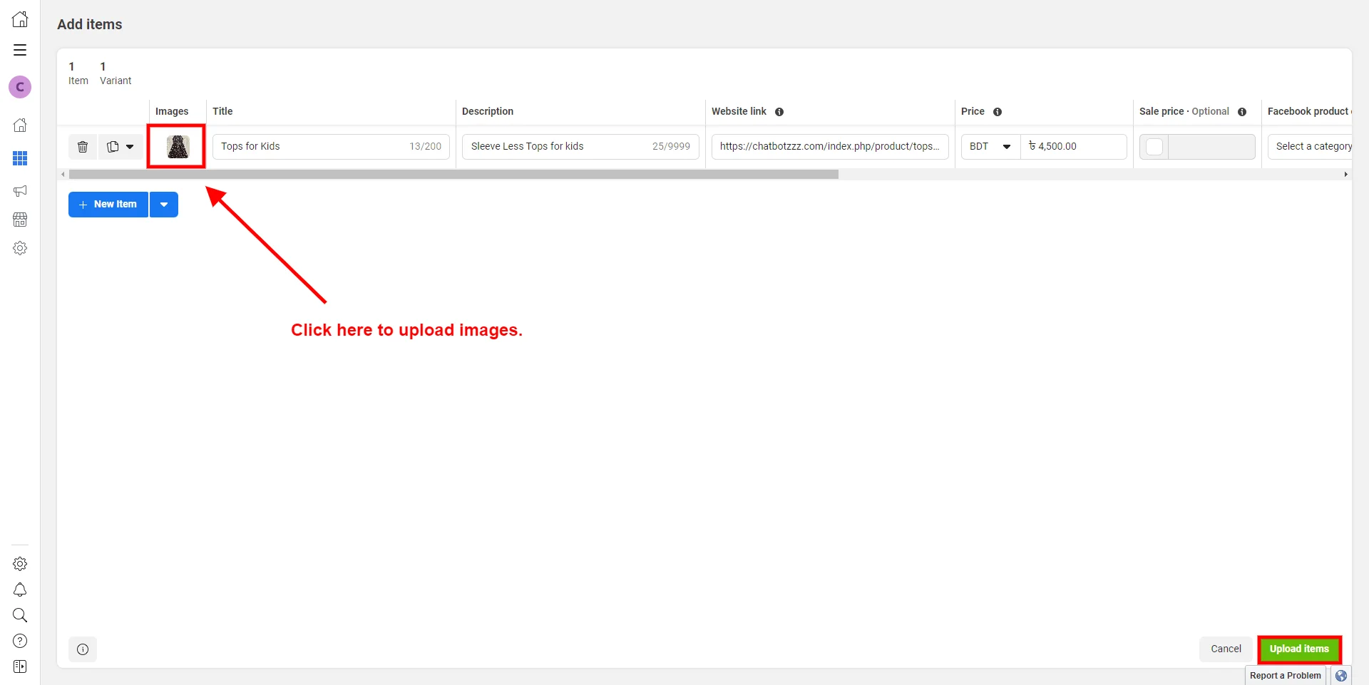 Adding a product item with image, title, description, and price fields
