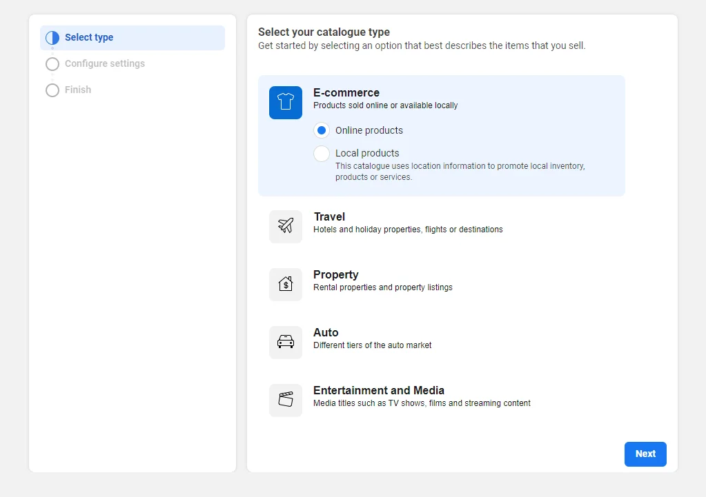 Selecting a catalogue type in Meta Commerce Manager