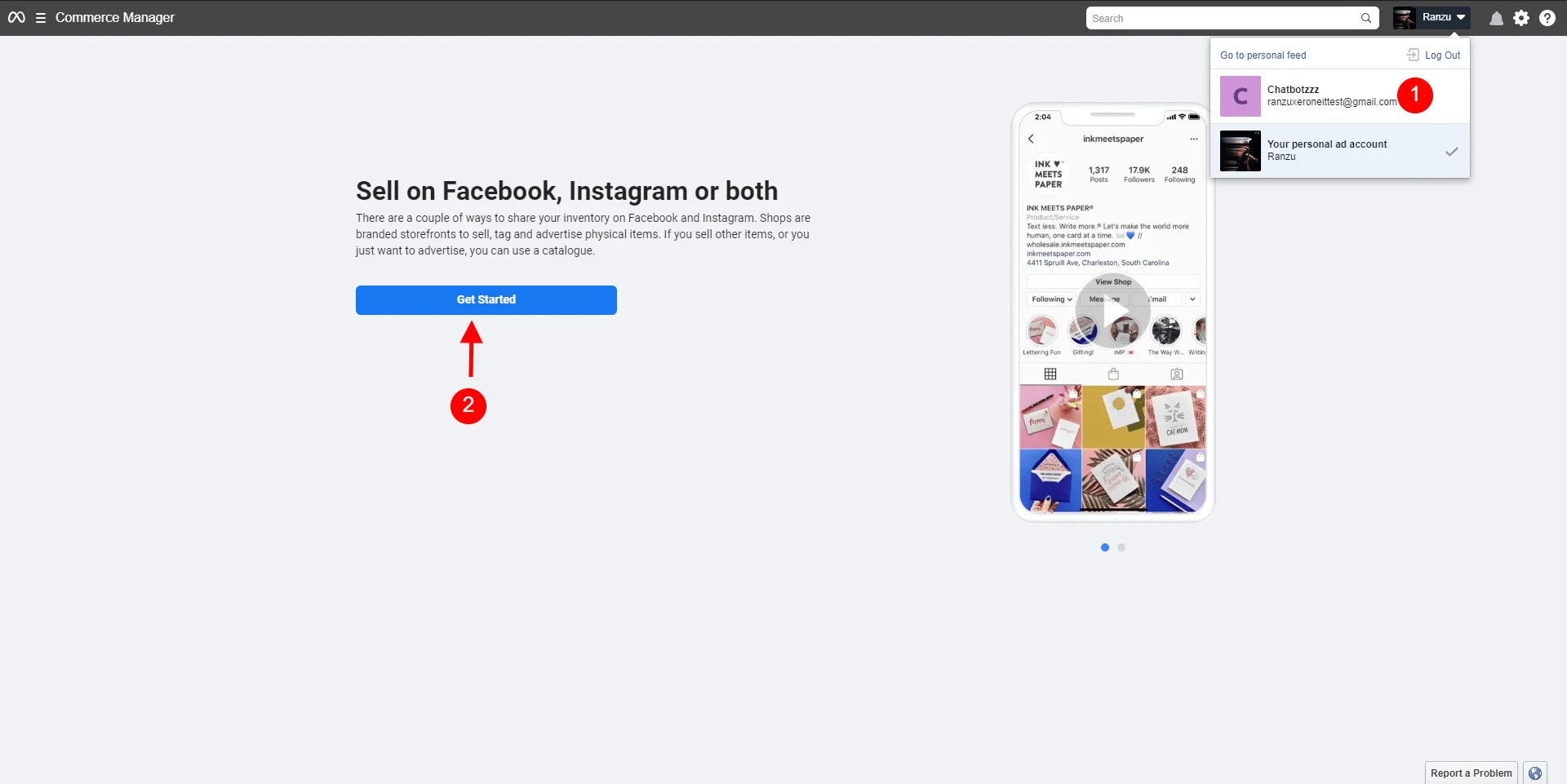 Meta Commerce Manager overview showing catalogue setup and item count